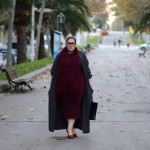 Grey oversize jacket and burgundy dress